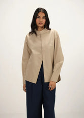 A Model Wearing Beige Linen Beige Linen Striped Band Collar Top, curated by Only Ethikal